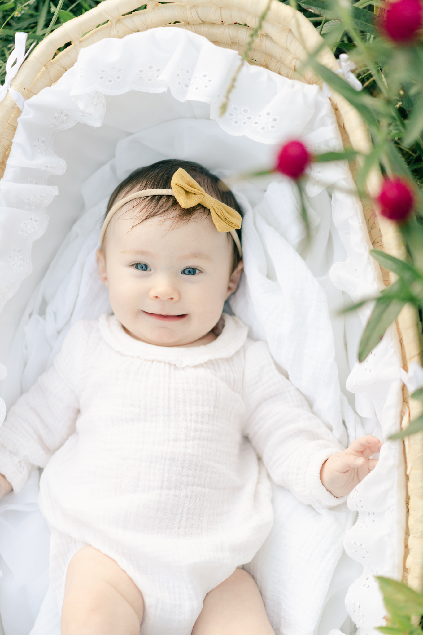 Sweet baby girl in a moses basket during family session. Photo by Lauren Sosler Photography.