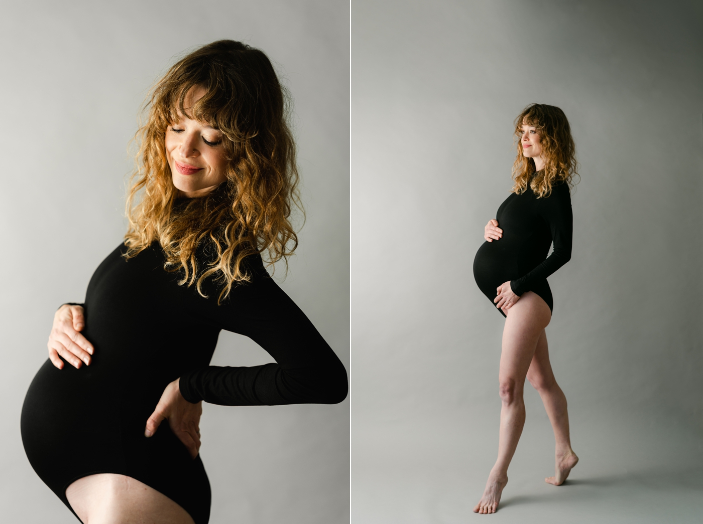 Mom wearing black leotard during studio maternity session inspired by dance. Photo by Asheville Maternity Photographer, Lauren Sosler Photography.