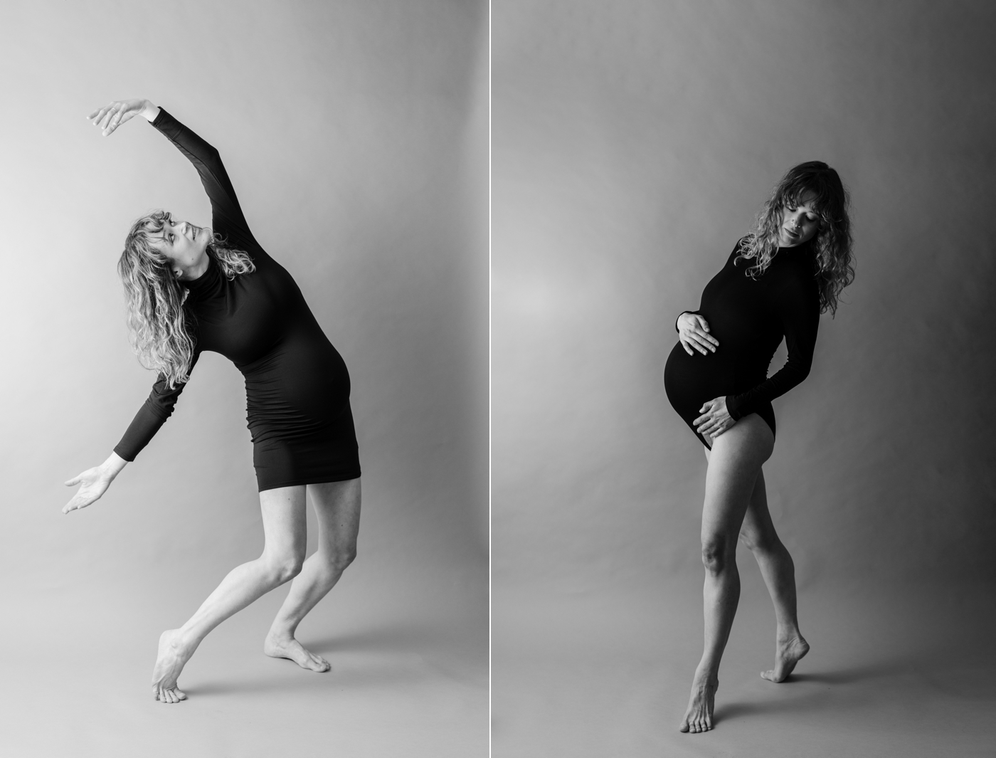 Black and white images of mom dancing during studio maternity session. Photos by Lauren Sosler Photography