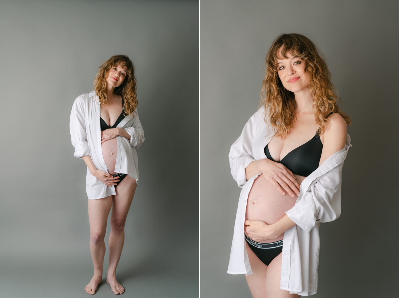 Mom in studio maternity session with oversized white shirt draped over shoulders. Photo by Lauren Sosler Photography.