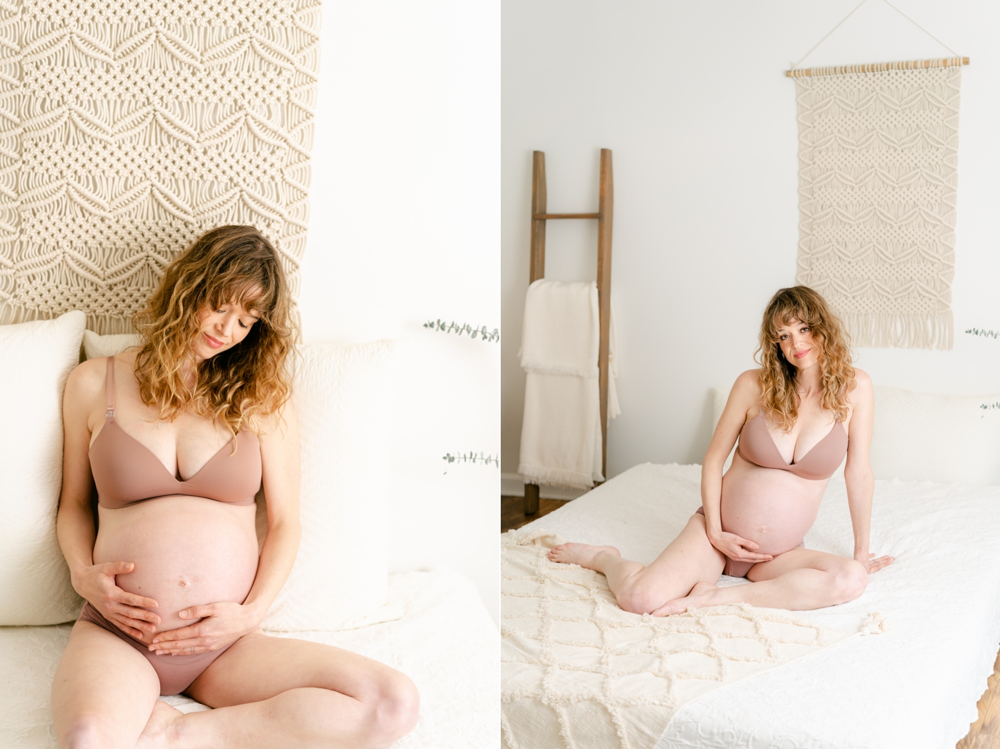 Mom with baby bump on bed during lifestyle studio maternity session with Lauren Sosler Photography.