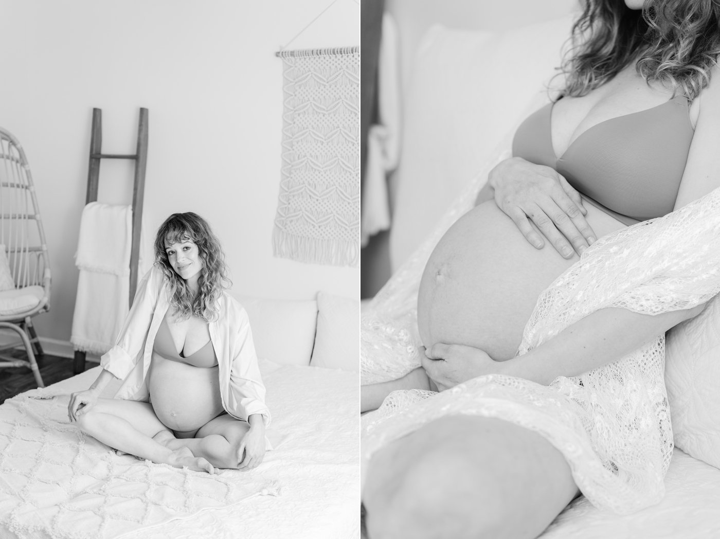 Black and white images of mom on bed during lifestyle maternity session. Photo by Asheville Maternity Photographer, Lauren Sosler Photography