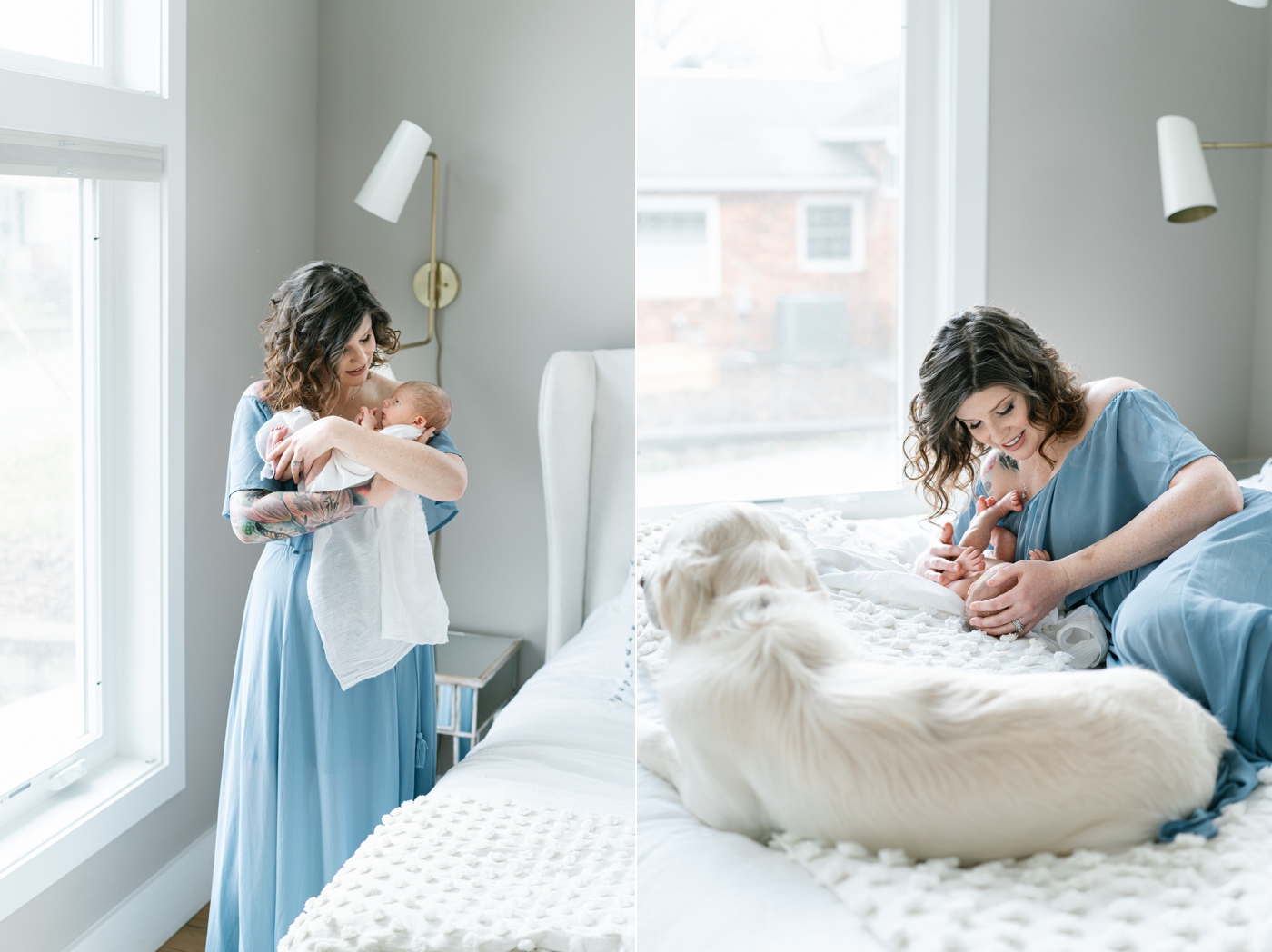 Mom wearing blue maxi dress and holding baby during newborn session. Photos by Lauren Sosler Photography.