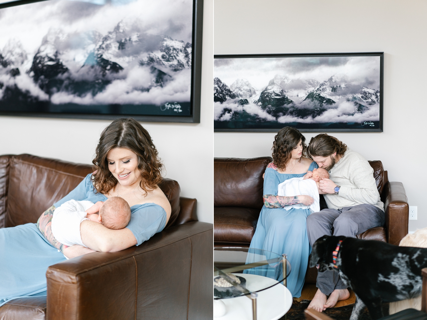 Parents cuddled on couch holding newborn baby. Photo by Lauren Sosler Photography.
