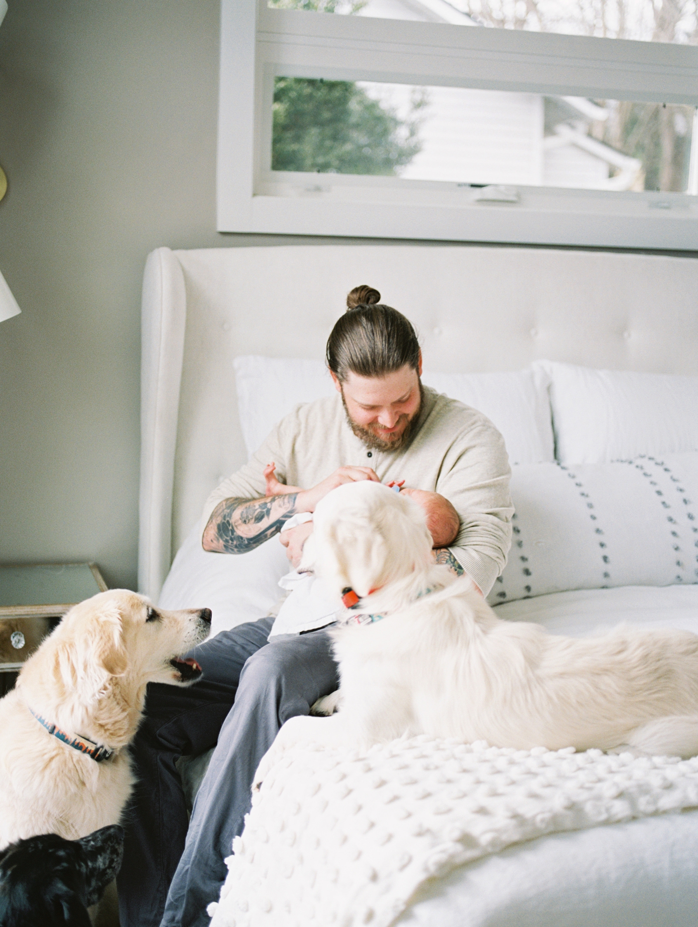 Film image of Dad and baby with dogs during in-home lifestyle newborn session by Lauren Sosler Photography.