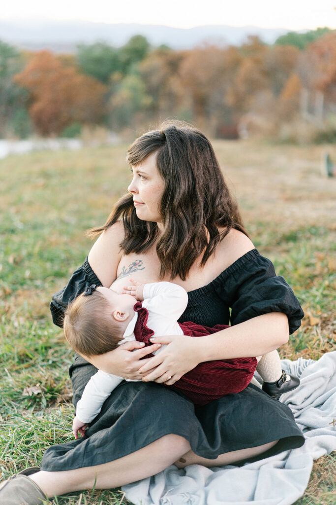 best asheville photographer capturing a mother nursing her baby girl on top of a mountain in the fall. 